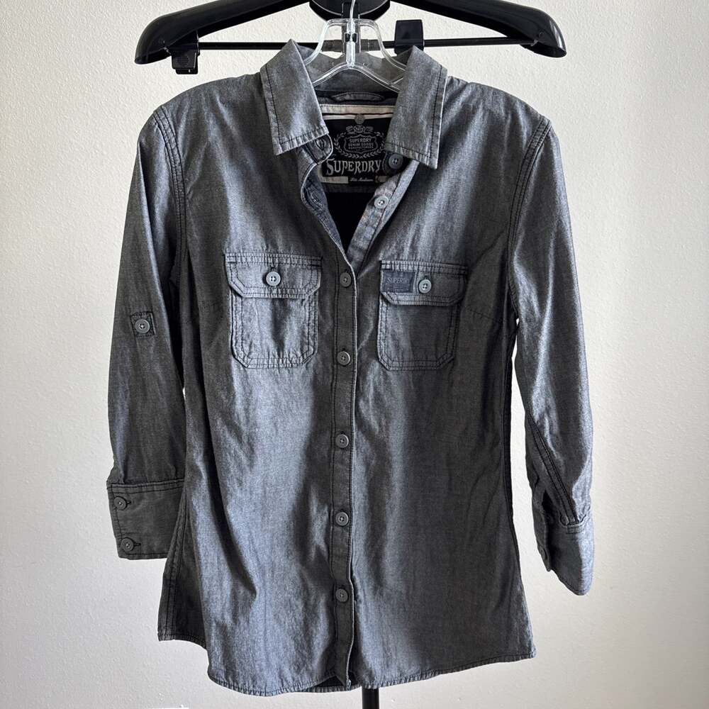Superdry Button Up Shirt medium Cotton 3/4 Sleeve Gray/Blk Roll Tab Sleeves